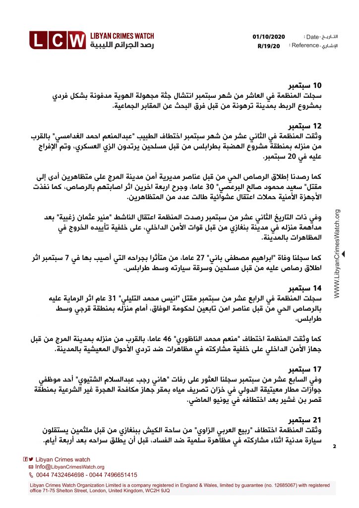 تقرير انتهاكات حقوق الإنسان في ليبيا خلال شهر سبتمبر2