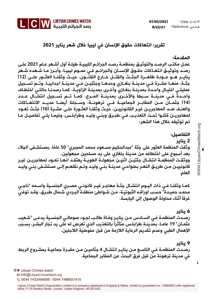 تقرير انتهاكات حقوق الإنسان في ليبيا خلال شهر يناير 2021