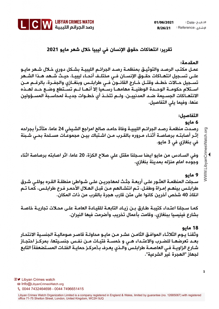 تقرير انتهاكات حقوق الإنسان في ليبيا خلال شهر مايو 2021
