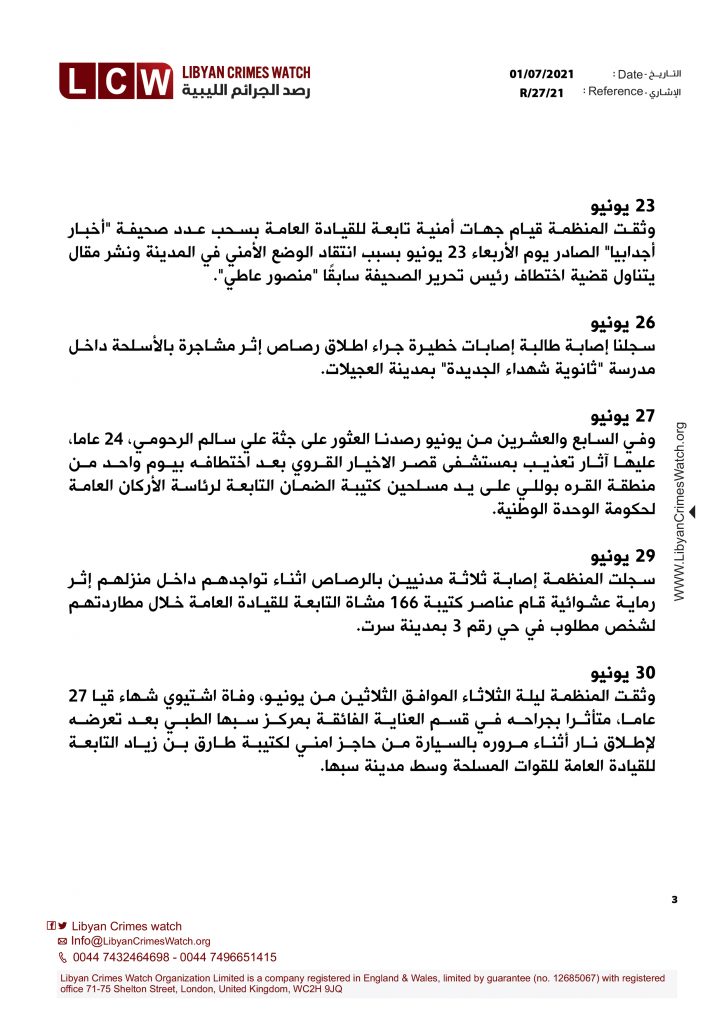 تقرير انتهاكات حقوق الإنسان في ليبيا خلال شهر يونيو 2021 3 1